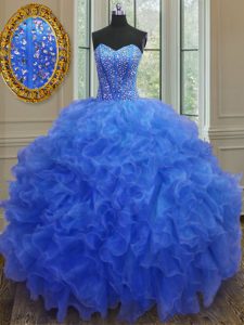 Superior Blue Lace Up Sweetheart Beading and Ruffles 15 Quinceanera Dress Organza Sleeveless