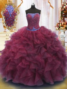 Luxury Organza Strapless Sleeveless Lace Up Beading and Ruffles 15th Birthday Dress in Burgundy