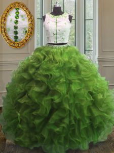 Green Clasp Handle Scoop Appliques and Ruffles Quinceanera Gowns Organza Sleeveless