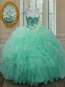 Wonderful Apple Green Organza Lace Up Scoop Sleeveless Floor Length Quinceanera Gown Beading and Ruffles