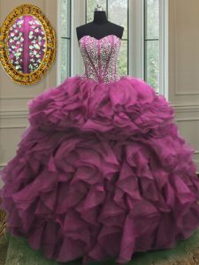 Latest Floor Length Lace Up Sweet 16 Dresses Fuchsia for Military Ball and Sweet 16 and Quinceanera with Beading and Ruf