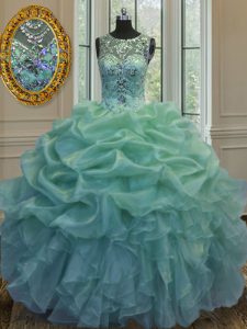 Lovely Scoop Green Lace Up Quinceanera Gown Beading and Ruffles and Pick Ups Sleeveless Floor Length