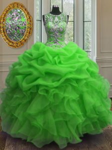 Scoop Green Sleeveless Floor Length Beading and Ruffles and Pick Ups Lace Up 15th Birthday Dress