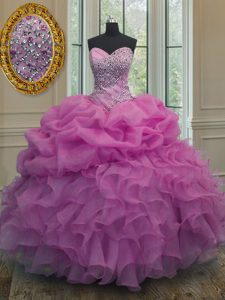 Fine Beading and Ruffles and Pick Ups Sweet 16 Quinceanera Dress Lilac Lace Up Sleeveless Floor Length