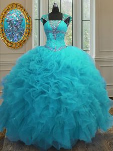 Top Selling Straps Floor Length Aqua Blue Sweet 16 Dress Organza Cap Sleeves Beading and Ruffles and Sequins