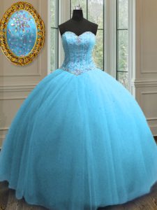 Floor Length Baby Blue Quinceanera Dresses Tulle Sleeveless Beading and Sequins