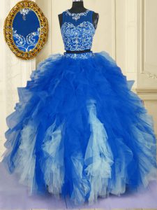 Scoop Beading and Ruffles Quince Ball Gowns Blue And White Zipper Sleeveless Floor Length