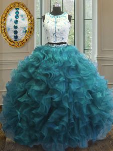 Best Scoop Clasp Handle Floor Length Teal Quinceanera Gown Organza Sleeveless Beading and Ruffles