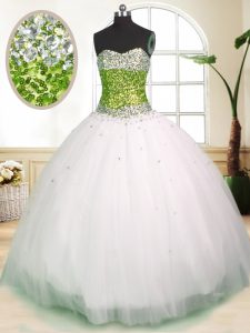 Wonderful Sleeveless Tulle Floor Length Lace Up Quinceanera Gowns in White with Beading