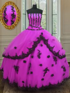 Fuchsia Ball Gowns Tulle Strapless Sleeveless Appliques Floor Length Lace Up Sweet 16 Dress