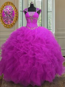 Straps Sequins Fuchsia Sleeveless Organza Lace Up Quince Ball Gowns for Military Ball and Sweet 16 and Quinceanera