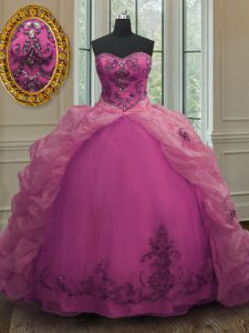 Sleeveless With Train Beading and Appliques and Pick Ups Lace Up Quinceanera Dress with Fuchsia Court Train