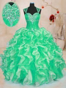 Captivating Sweetheart Sleeveless Sweet 16 Dresses Floor Length Beading and Ruffles Green Organza
