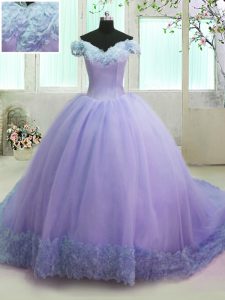 Off the Shoulder Short Sleeves With Train Hand Made Flower Lace Up Vestidos de Quinceanera with Lavender Court Train