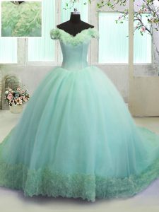 Custom Fit Turquoise Organza Lace Up Off The Shoulder Sleeveless With Train Ball Gown Prom Dress Court Train Hand Made F