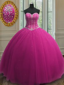 Top Selling Floor Length Fuchsia Ball Gown Prom Dress Tulle Sleeveless Beading and Sequins