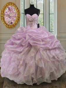Graceful Lilac Lace Up Sweet 16 Dress Beading and Ruffles Sleeveless Floor Length