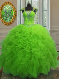 Sweet 16 Dress Military Ball and Sweet 16 and Quinceanera and For with Beading and Ruffles and Sequins Straps Cap Sleeve