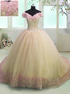 Yellow Off The Shoulder Lace Up Hand Made Flower Ball Gown Prom Dress Court Train Short Sleeves