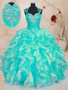 Classical Sweetheart Sleeveless Lace Up Sweet 16 Dresses Turquoise Organza