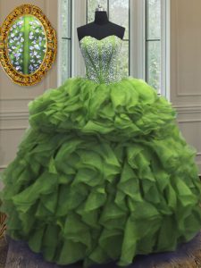 Stunning Green Sleeveless Organza Lace Up Vestidos de Quinceanera for Military Ball and Sweet 16 and Quinceanera