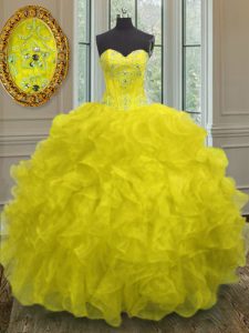 Popular Yellow Quince Ball Gowns Military Ball and Sweet 16 and Quinceanera and For with Beading and Embroidery and Ruff