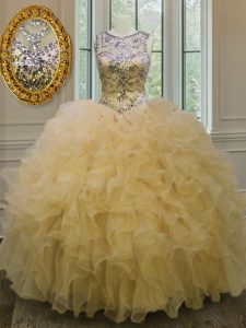 Artistic Organza Scoop Sleeveless Lace Up Beading and Ruffles Quinceanera Gowns in Light Yellow