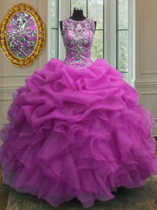 Delicate Scoop Floor Length Fuchsia Quinceanera Gowns Organza Sleeveless Beading and Ruffles and Pick Ups