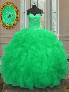 Affordable Organza Sweetheart Sleeveless Lace Up Beading and Embroidery and Ruffles 15th Birthday Dress in Green