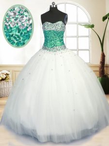 Sleeveless Floor Length Beading Lace Up Sweet 16 Quinceanera Dress with White
