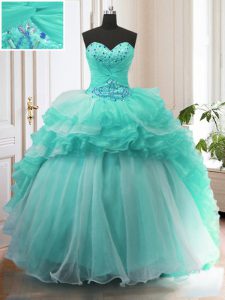Turquoise Ball Gown Prom Dress Military Ball and Sweet 16 and Quinceanera and For with Beading and Ruffles Sweetheart Sl
