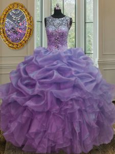 Enchanting Lavender Ball Gowns Organza Scoop Sleeveless Beading and Ruffles and Pick Ups Floor Length Lace Up Sweet 16 D
