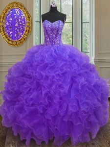 Organza Sweetheart Sleeveless Lace Up Beading and Ruffles 15th Birthday Dress in Purple