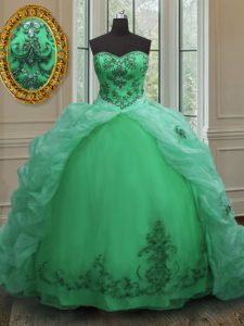 Glorious Sweetheart Sleeveless Quinceanera Dresses With Train Court Train Beading and Appliques and Pick Ups Green Organ