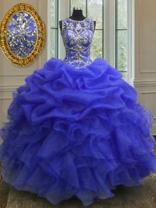 Fantastic Scoop Royal Blue Lace Up Quince Ball Gowns Beading and Ruffles Sleeveless Floor Length