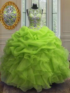 Simple Scoop Organza Sleeveless Floor Length Vestidos de Quinceanera and Beading and Ruffles and Pick Ups