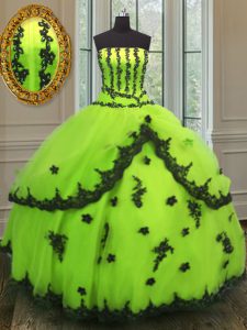 High Class Yellow Green Sleeveless Floor Length Appliques Lace Up Sweet 16 Quinceanera Dress