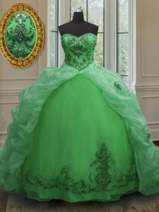 Exceptional Pick Ups With Train Green Quinceanera Gowns Sweetheart Sleeveless Court Train Lace Up
