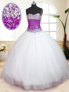 Custom Design White Ball Gowns Tulle Sweetheart Sleeveless Beading Floor Length Lace Up Sweet 16 Dress