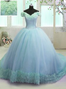 Light Blue Ball Gowns Organza Off The Shoulder Sleeveless Hand Made Flower With Train Lace Up Quinceanera Dresses Court 