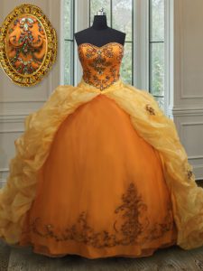 Orange Ball Gowns Sweetheart Sleeveless Organza With Train Court Train Lace Up Beading and Appliques and Pick Ups Sweet 
