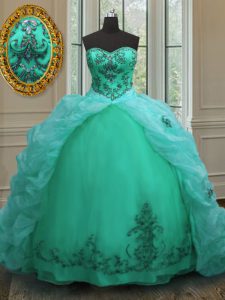Dramatic Pick Ups Sweetheart Sleeveless Court Train Lace Up Ball Gown Prom Dress Turquoise Organza