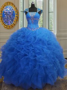 Royal Blue Ball Gowns Sweetheart Cap Sleeves Organza Floor Length Lace Up Beading and Ruffles and Sequins Vestidos de Qu