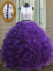 Scoop Purple Organza Clasp Handle 15 Quinceanera Dress Sleeveless Floor Length Appliques