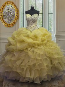 Yellow Sleeveless Floor Length Beading and Ruffles and Pick Ups Lace Up Ball Gown Prom Dress