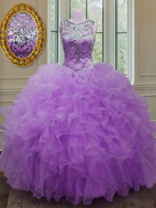 Deluxe Scoop Lilac Sleeveless Floor Length Beading and Ruffles Lace Up Quinceanera Dress