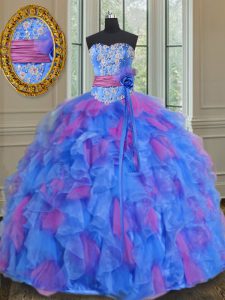 Multi-color Sleeveless Beading and Appliques and Ruffles and Sashes ribbons and Hand Made Flower Floor Length 15 Quincea