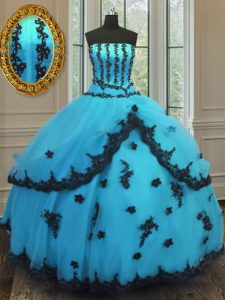 Superior Aqua Blue Sleeveless Floor Length Appliques Lace Up Vestidos de Quinceanera