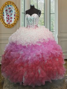 Graceful Multi-color Organza Lace Up Quinceanera Gown Sleeveless Floor Length Beading and Ruffles and Sashes ribbons