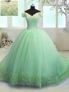 Elegant Ball Gowns Organza Off The Shoulder Short Sleeves Hand Made Flower With Train Lace Up 15 Quinceanera Dress Court